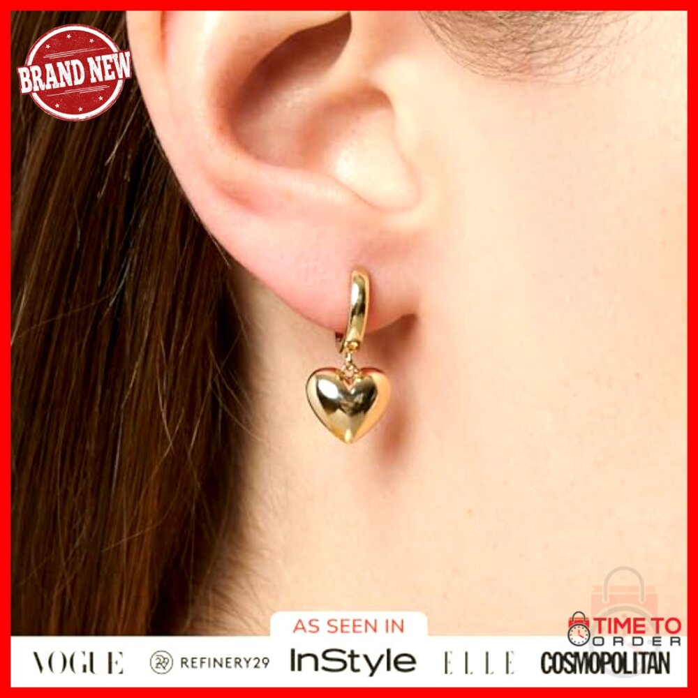 Puffed Heart Huggie Hoop Earrings 14K Gold Plated Hypoallergenic - Picture 2 of 7